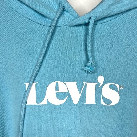 Levi’s Sky Blue Graphic Logo Pullover Knitted Hooded Sweatshirt Size Medium - Picture 7 of 16